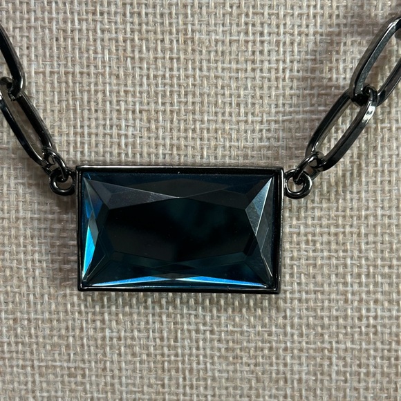 Lia Sophia Gunmetal Statement Necklace | Faceted Blue Pendant| Adjustable - Picture 2 of 4